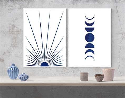 Sun And Moon Phases Art Print Boho Decor Set Of 2 Mid Century Etsy