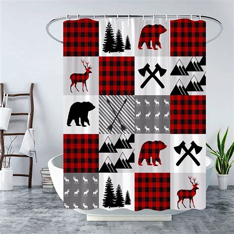 Rustic Cabin Shower Curtain With Plaid Elk Moose And Pine Tree Print