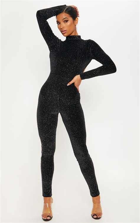 Black Velvet Glitter Backless Jumpsuit Prettylittlething Usa