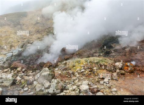 Breathtaking View Of Volcanic Landscape Hot Spring Eruption Fumarole Gas Steam Activity In