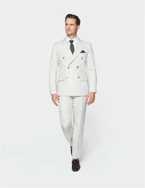 Men S Cream Double Breasted Plain Linen Tailored Fit Suit Jacket