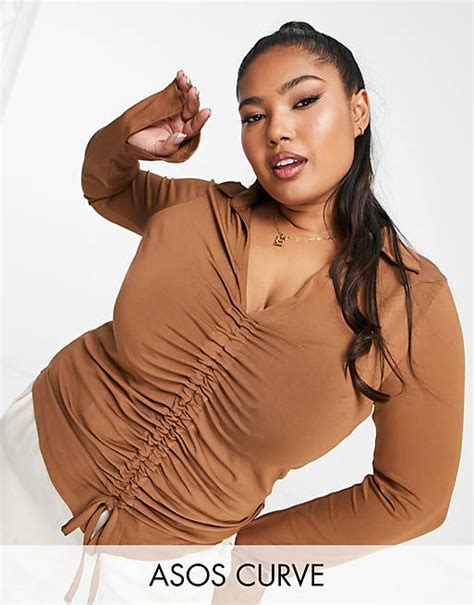 Asos Design Curve Ruched Front Long Sleeve Shirt In Chocolate Asos