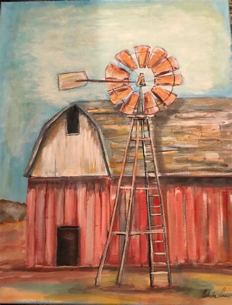 Folk Art Decor Red Barn And Windmill Primitive Original Painting On Canvas Excited To Share