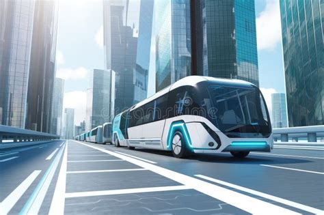 Futuristic Electric Bus Flies Past Skyscrapers in Futuristic City Stock ...