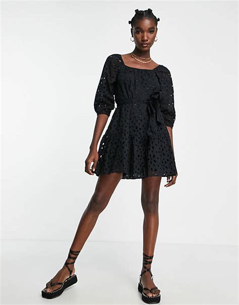 River Island Robe Courte Ceinturée En Broderie Anglaise Noir Asos