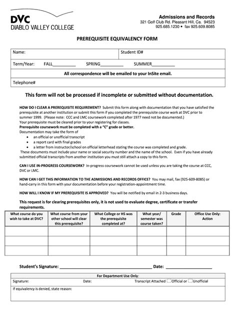 Fillable Online Dvc Prerequisite Equivalency Form This Form Will Not Be