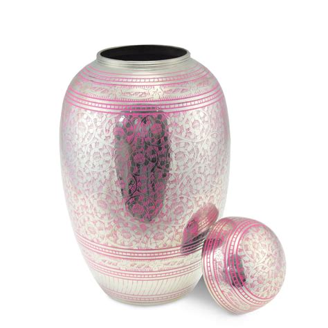 Adult brass cremation urn, pink, nickel, birds, ornately engraved ...