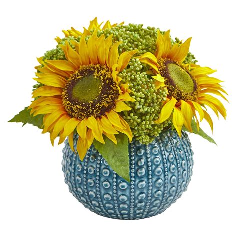 Sunflower Artificial Arrangement in Blue Vase | Sunflower floral ...