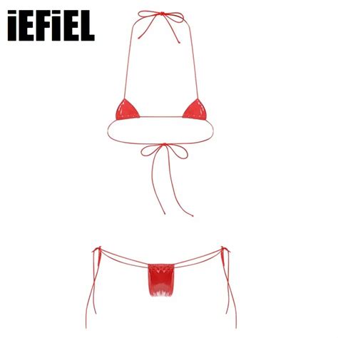 Ensemble De Bikini En Cuir Verni Pour Femme Soutien Gorge Lacets Dos Nu