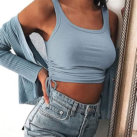 Damen Y K Crop Tops Seitlicher Kordelzug Crop Top U Ausschnitt