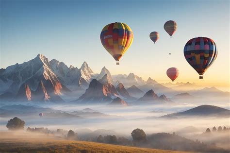 Premium Photo Landscape Of Morning Fog And Mountains With Hot Air