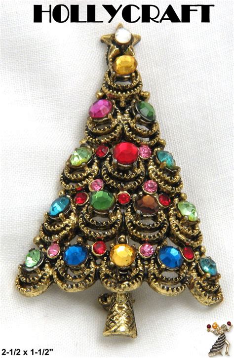 Vintage Hollycraft Christmas Tree Pin Brooch Multicolor Rhinestones