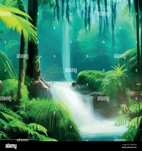 Spring Landscape With Waterfall In Tropical Forest Vector Illustration