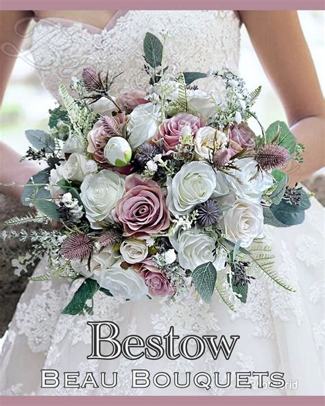 Scottish Open Round Spray Rose Peony Thistle Bride Bouquet Ivory Dusky