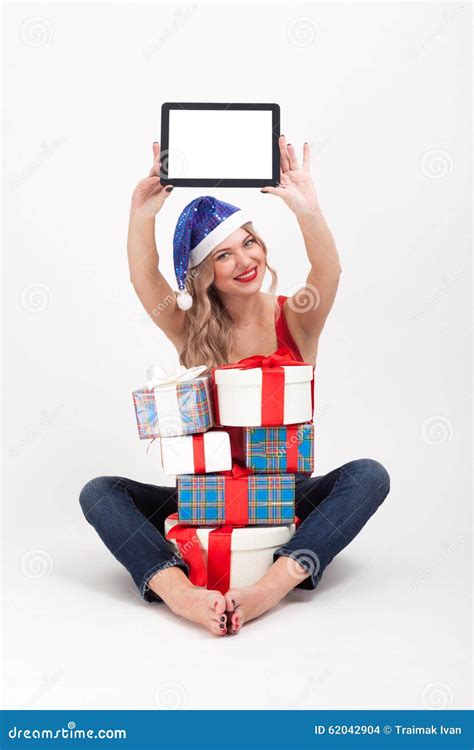 The Beautiful Blonde With Big Breasts Is Sitting On A White Back Stock Photo Image Of Digital