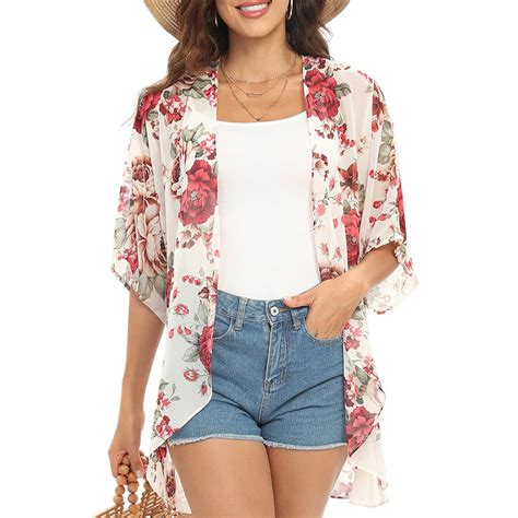 Baozhu Women S Floral Chiffon Kimono Cardigans Puff Sleeve Chiffon