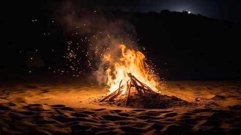 An Open Bonfire On A Beach At Night Background Burning Flames In A