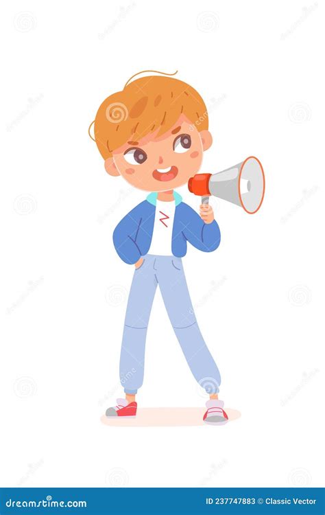 Kid Speaker Holding Megaphone In Hand Boy Standing With Loudspeaker To