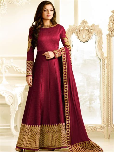 Buy Drashti Dhami Wine Color Silk Party Wear Anarkali Kameez In Uk Usa And Canada