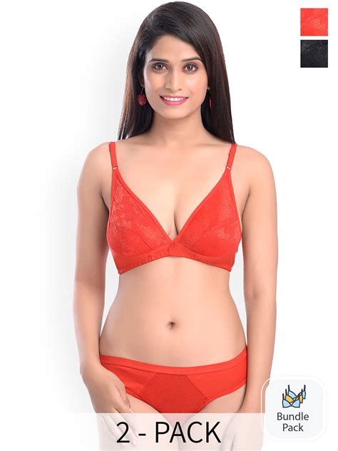 Buy PIBU Pack Of 2 Self Design Laced Cotton Bra With Briefs Lingerie Set For Women 25327020
