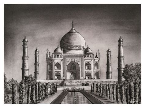 Indian Taj Mahal Mausoleum Original Pencil Drawing Painting Ndia