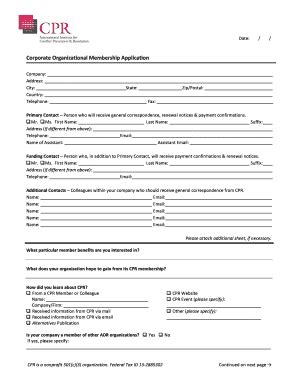 Fillable Online Cpradr Corporate Organizational Membership Application