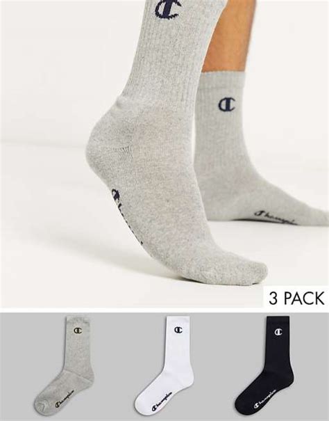 Champion 3 Pack Logo Socks In Grey White Black Asos