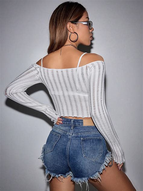 Shein Unity Off Shoulder Lettuce Trim Crop Sweater Without Bra For Sale