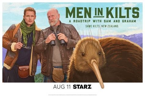 An Advertisement For Men In Kilts Featuring Two Men Looking At A Kiwi