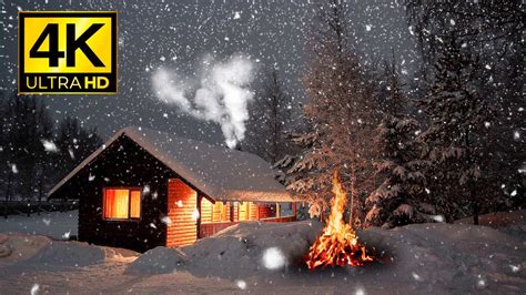 Mighty Blizzard At Log Cabin Howling Wind Sounds Campfire Blowing