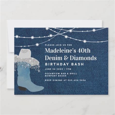 Denim Diamonds Cowgirl Boot Hat Glam Th Birthday Invitation Zazzle