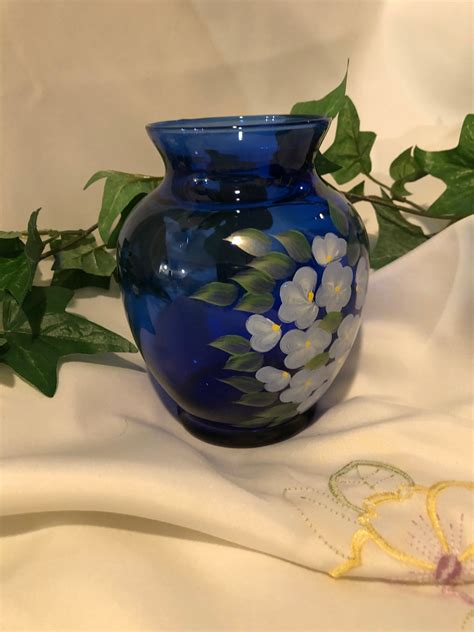 Cobalt Blue Vase With Light Blue White Flowers Hand Painted On Etsy