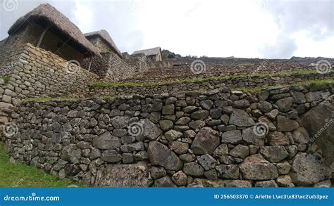 De Gebouwen Van Machu Picchu Peru Met Granietblokken Wegen Ton Deze