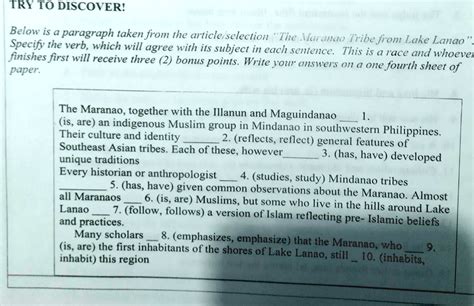 SOLVED: 'Below is a paragraph taken from the article selection The Maranao Tribe from Lake Lanao ...