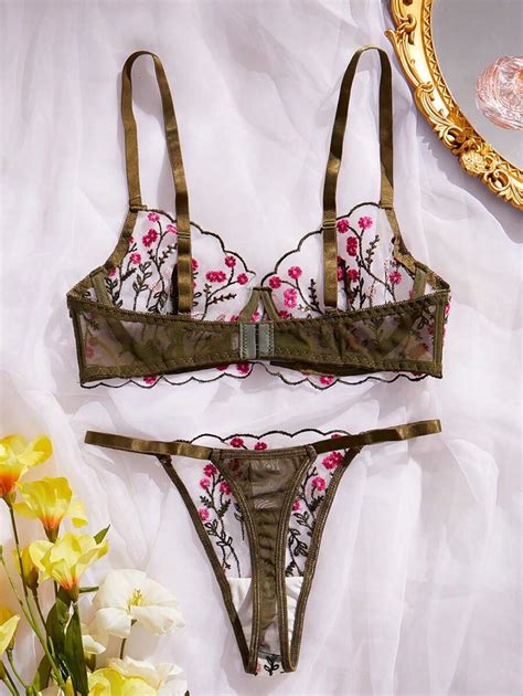 Floral Embroidered Sexy Lingerie Set For Women Bra And Panties Shein