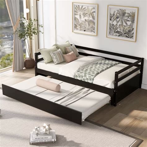 Extendable Daybed With Trundle Bed Twin Size Platform Bed Frame With Guardrails And Bed Slats