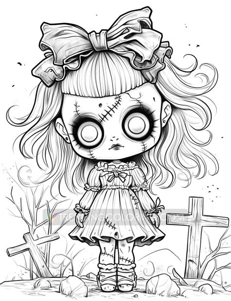 50 Kawaii Creepy Doll Grayscale Coloring Pages Halloween Coloring