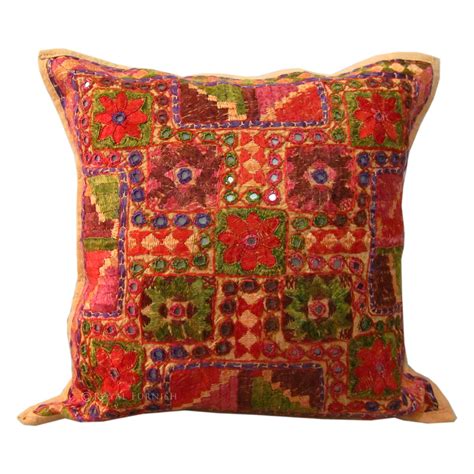 Vintage Indian Handmade Embroidered Cotton Mirror Cushion Throw