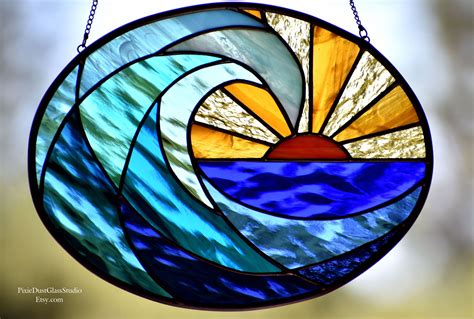 Stained Glass Ocean Wave Suncatcher Surfs Up At Dawn Etsy Canada