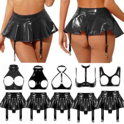 Women S Leather Garter Belts Lingerie Set Leather Crop Top With Brief Skirt Suit EBay