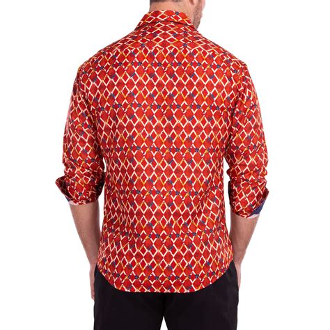 Lattice Floral Print Long Sleeve Button Up Shirt Red S Bespoke