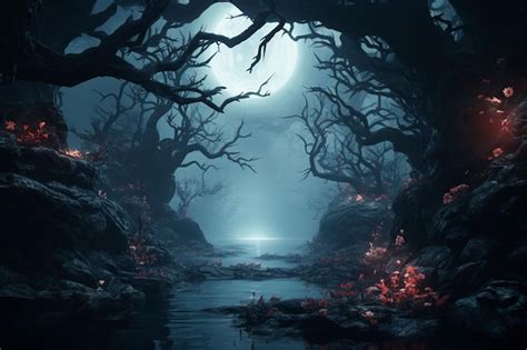 Premium Ai Image Mysterious Dark Forest With Big Rooted Tree