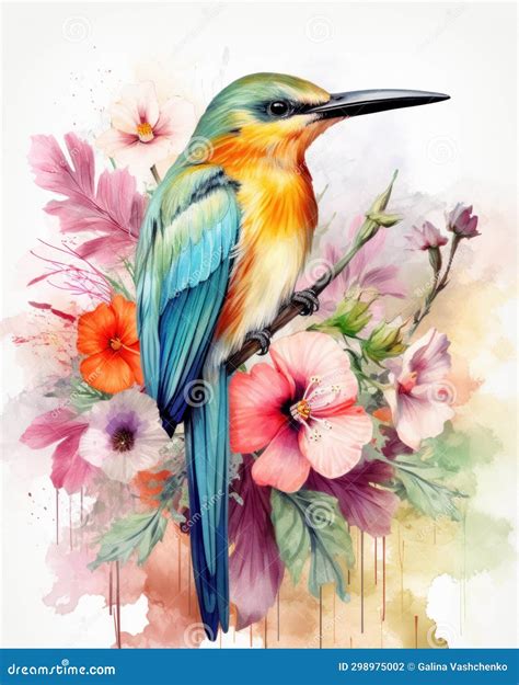 Vibrant Surreal Flowers Surround Small Tropical Bird Creating