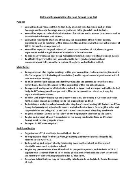 Roles And Responsibilities For Head Boy And Head Girl 1 Pdf