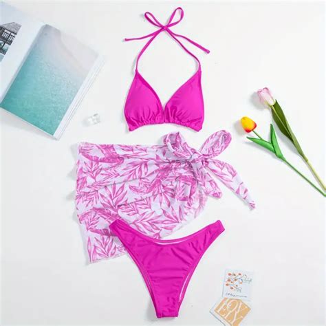 Halter Tie Neck Bikini Leaf Print Wrap Tie Side Cover Temu