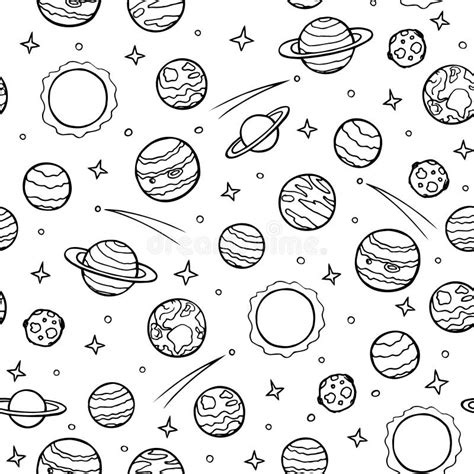 Cosmos Seamless Pattern. Planets, Stars, Celestial Bodies of the Solar System, Hand Drawn ...