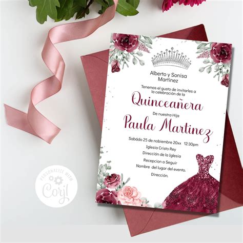 Burgundy Quincea Era Invitation Template Silver Sparkle Etsy