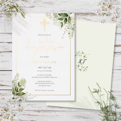 Greenery Floral Monogram Baptism Arch Gold Foil Invitation Zazzle