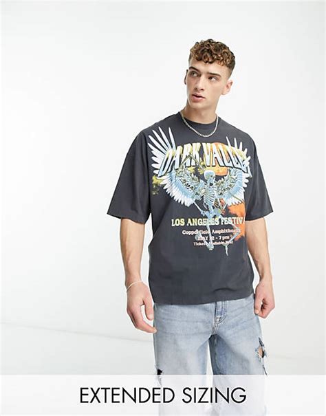 Asos Design Oversized T Shirt In Washed Black With Festival Print And