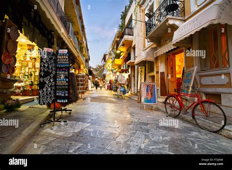Main shopping street of the old town of Plaka in Athens Stock Photo ...